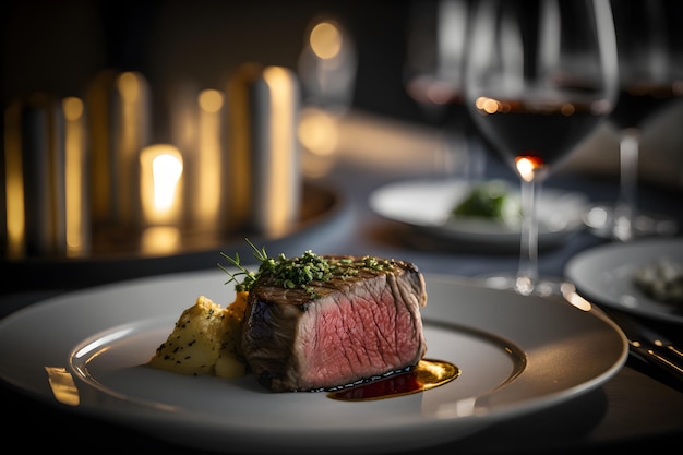 Un filete con salsa roja se sienta en una mesa con una copa de vino.