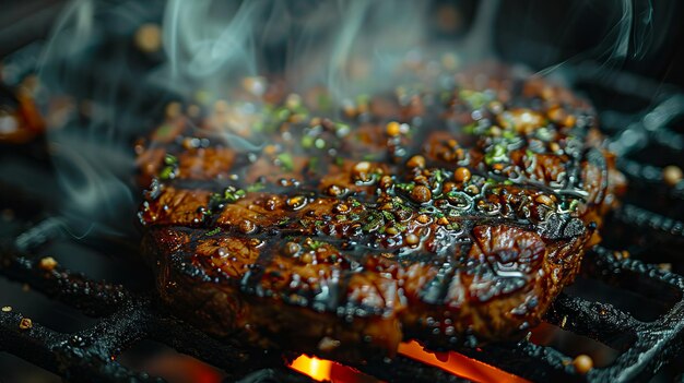 Foto un filete está siendo cocinado en una parrilla