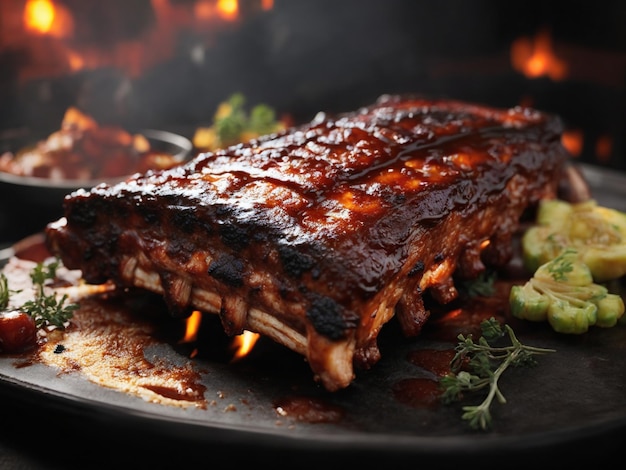 Un filete se sirve en un plato con un fuego detrás.