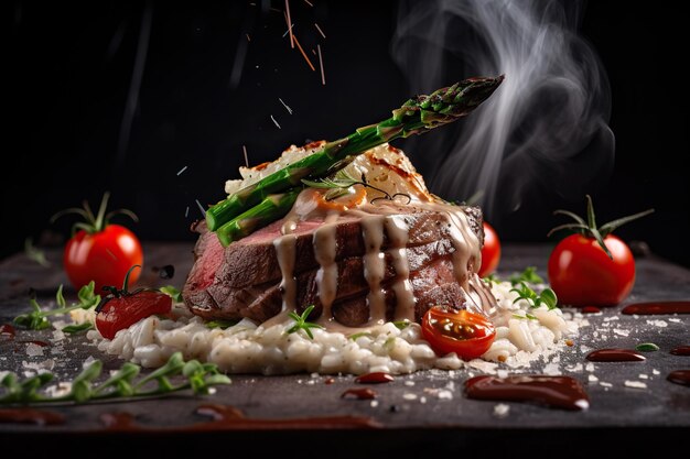 Filete de ternera asada con espárragos y tomates sobre fondo negro IA generativa