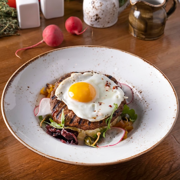 Filete de ternera con huevo frito en un plato