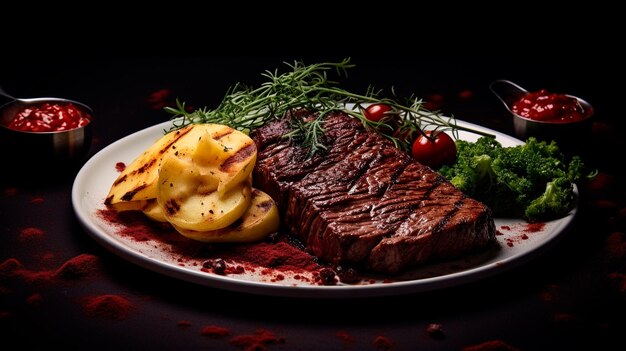 Filete de ternera a la parrilla con especias y romero sobre fondo negro