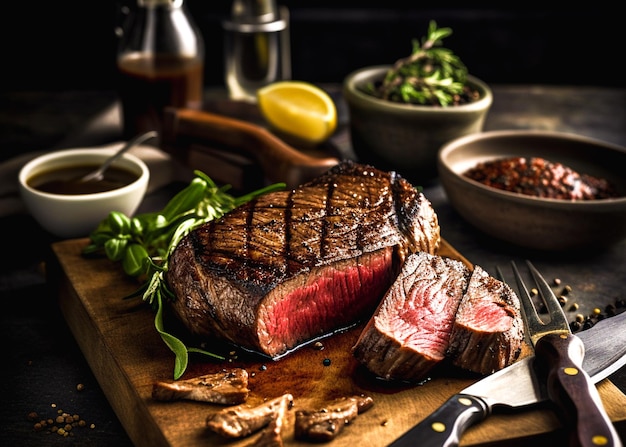 Filete de ternera a la parrilla con hierbas y especias en una tabla para cortar