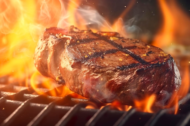 Filete de ternera a la parrilla con humo y llamas AI Generativa