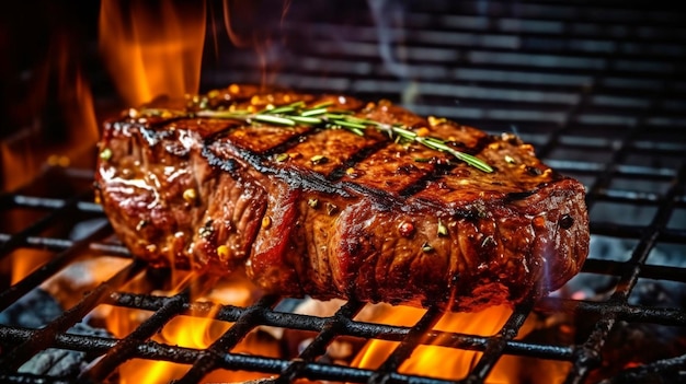 Filete de ternera a la parrilla con IA generativa con humo y llamas