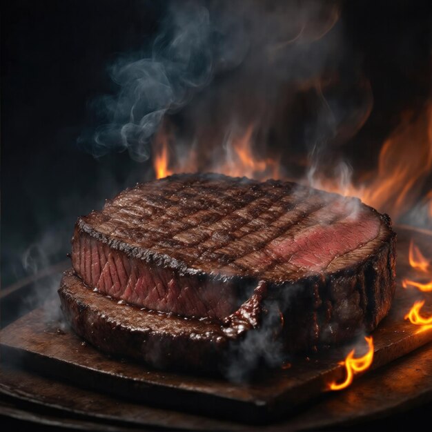 Un filete de ternera a la parrilla jugoso con humo y fuego