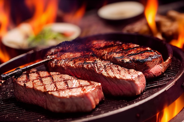 Filete de ternera a la parrilla medio raro en llamas Enfoque selectivo Ilustración 3D