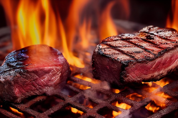 Filete de ternera a la parrilla medio raro en llamas Enfoque selectivo Ilustración 3D