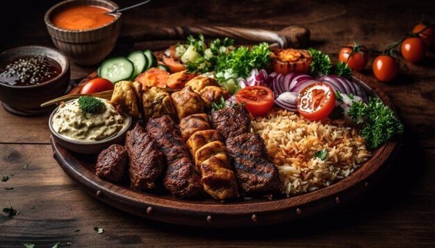 Filete de ternera a la parrilla y plato de brochetas de verduras generado por IA