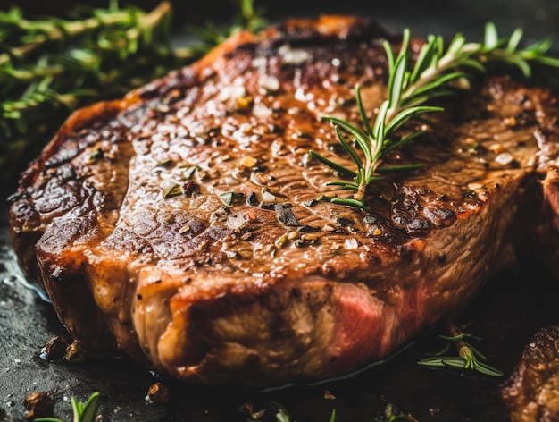 Filete de ternera a la parrilla con romero y salsa sobre fondo de madera