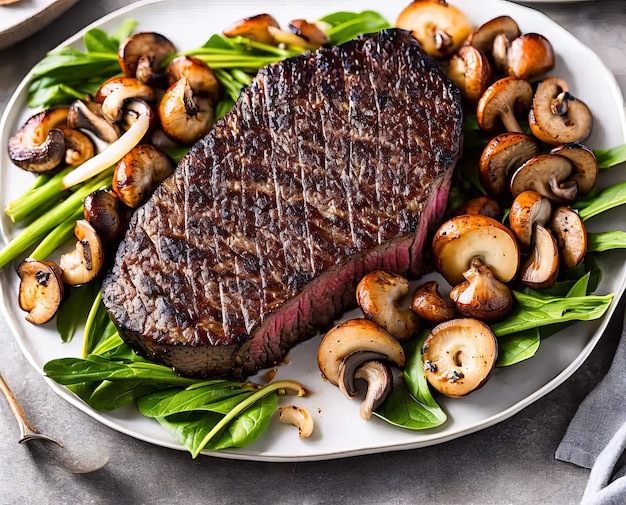 Filete de ternera a la parrilla con verduras y especias en un plato sobre una vista superior de fondo blanco