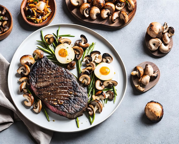 Filete de ternera a la parrilla con verduras y especias en un plato sobre una vista superior de fondo blanco