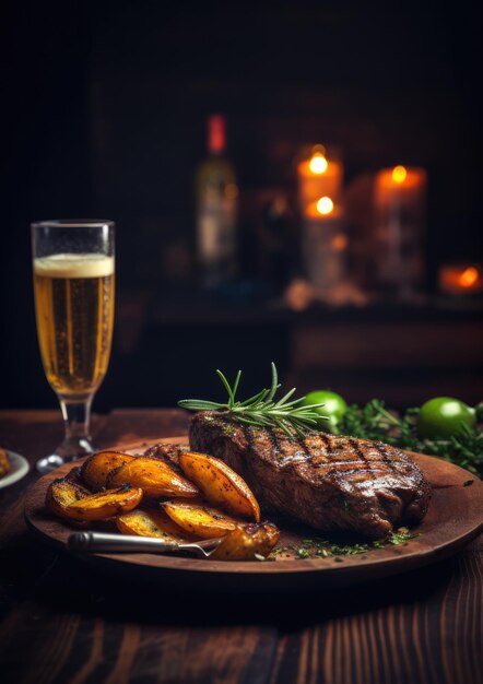 Filete de ternera a la parrilla con verduras y romero servido con cerveza en la mesa Generative Ai