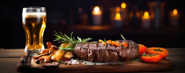 Filete de ternera a la parrilla con verduras y romero servido con cerveza en la mesa panorama Generativo Ai