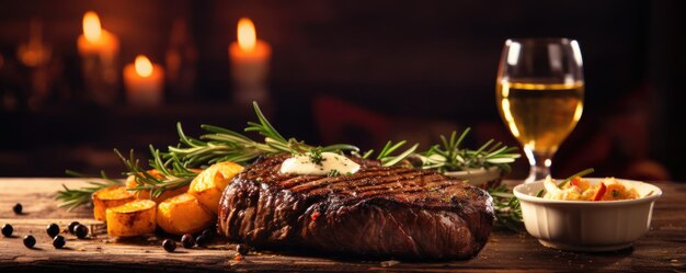 Filete de ternera a la parrilla con verduras y romero servido con cerveza en la mesa panorama Generativo Ai