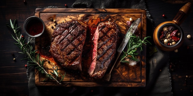 Filete de ternera a la parrilla en la vista superior de la superficie de madera oscura