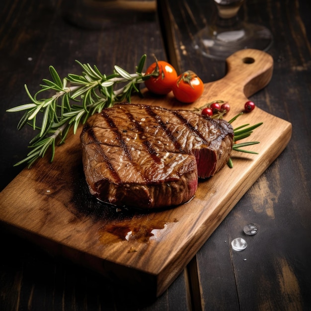 Filete de ternera a la plancha y sobre tabla de madera IA generativa