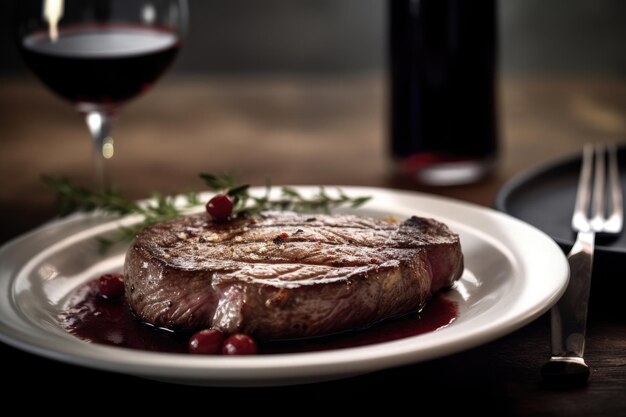 Filete de ternera en el plato con vino tinto