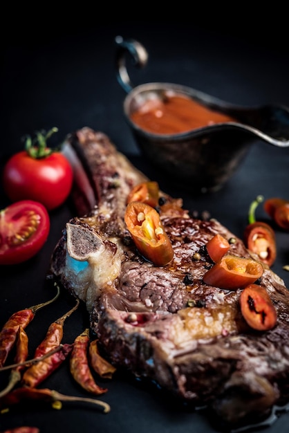 Filete de ternera ribeye caliente a la parrilla con hueso con salsa picante y tomates en la oscuridad