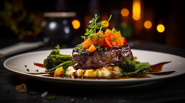 Filete de ternera con verduras y salsa sobre fondo negro Restaurante