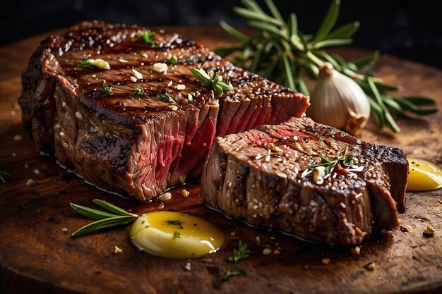 El filete Tomahawk por defecto con una llovizna de oliva con ajo