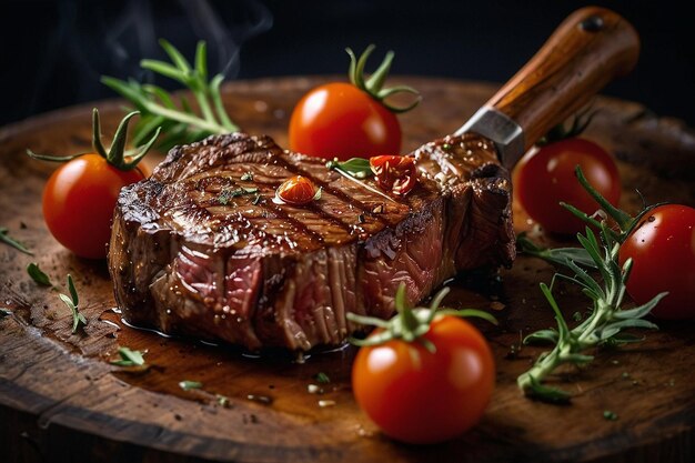 El filete Tomahawk por defecto con tomates cereza con ampollas