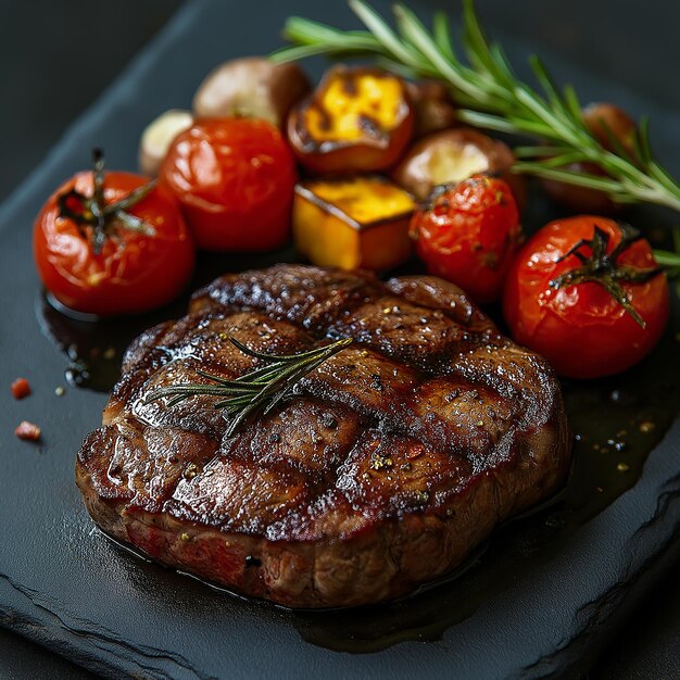 un filete con tomates y tomates en un plato negro