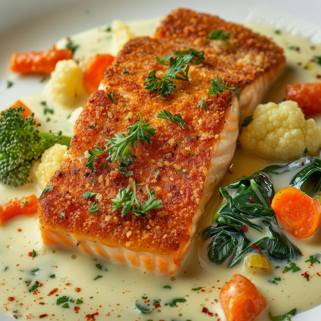 Filete de trucha de salmón panado en salsa de crema Carne de pescado rojo con coliflor y zanahorias de cerca