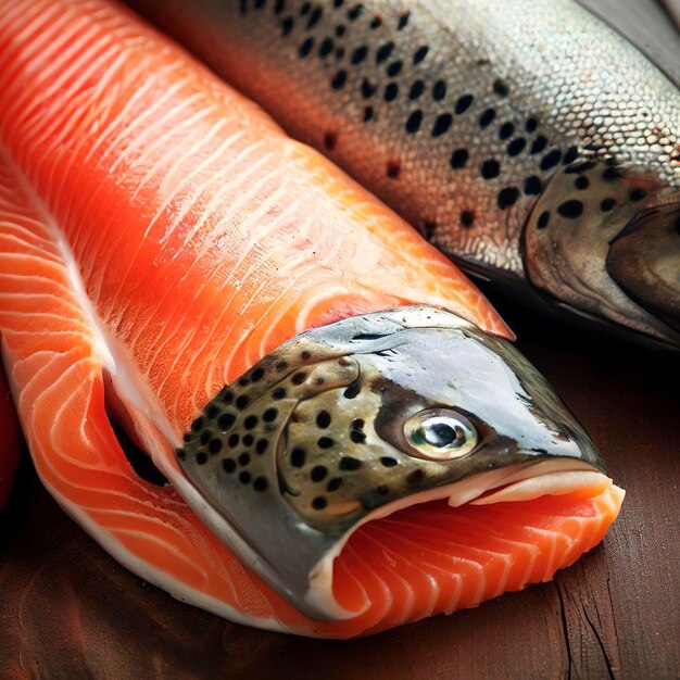 Filete de trucha salmón sobre fondo de madera