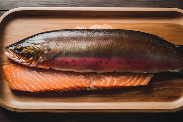 Filete de trucha salmón sobre fondo de madera