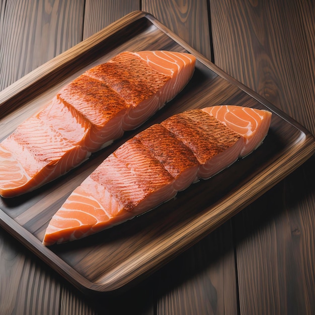 Filete de trucha salmón sobre fondo de madera