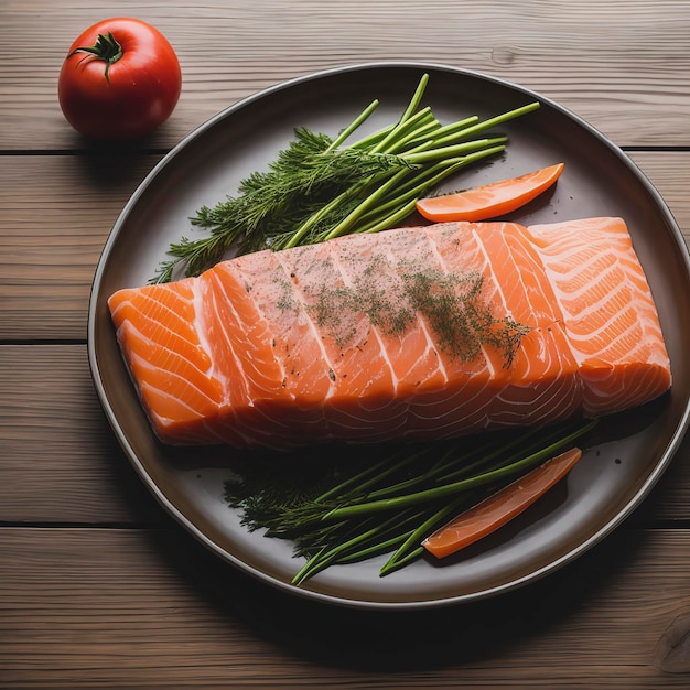 Filete de trucha salmón sobre fondo de madera