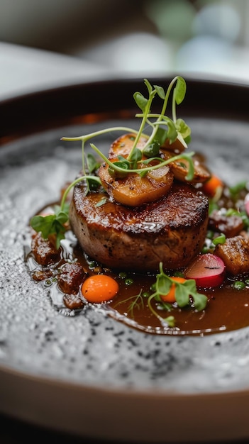 un filete con una variedad de verduras y una cereza en la parte superior