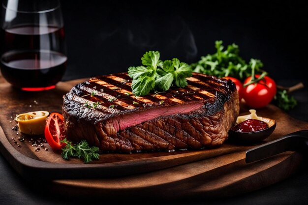 Foto un filete con un vaso de vino a su lado