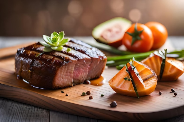 un filete con verduras y frutas en una tabla de cortar