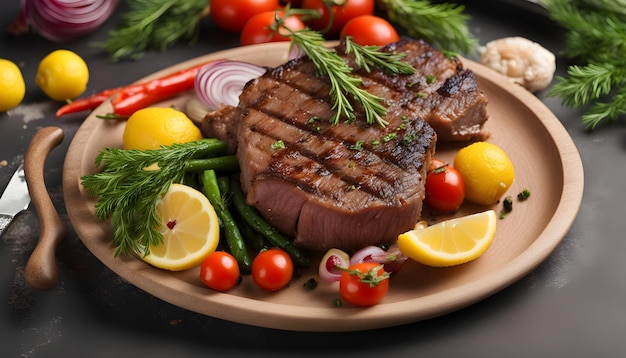 un filete con verduras y un limón en el plato