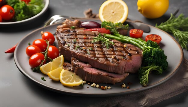 un filete con verduras y limones en un plato