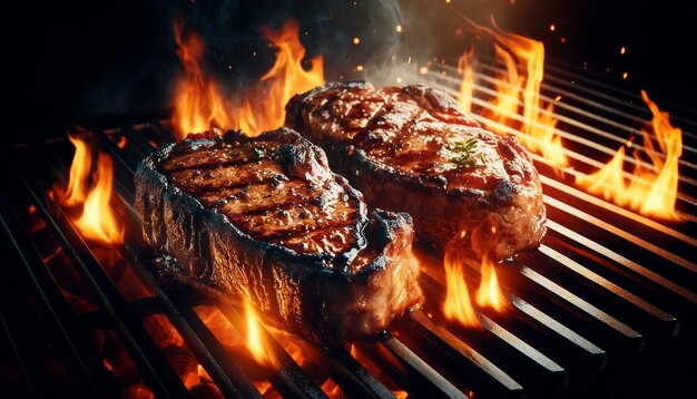 Los filetes ardientes, la parrilla carbonizada, las marcas de las llamas.