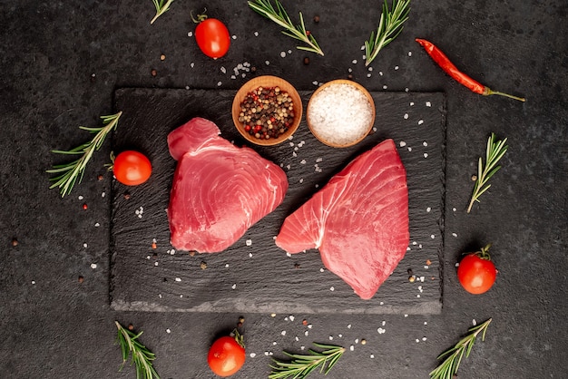 Filetes de atún crudo fresco con romero y especias sobre un fondo de piedra