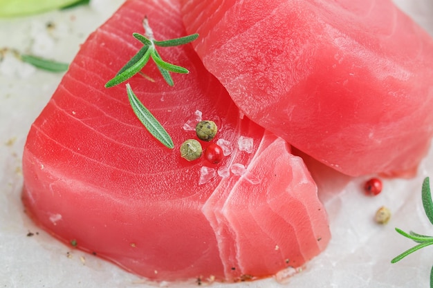 Filetes de atún crudo con sal marina, pimienta y romero