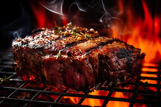 Filetes de chuletón que se cocinan en la vista lateral de la parrilla en llamas