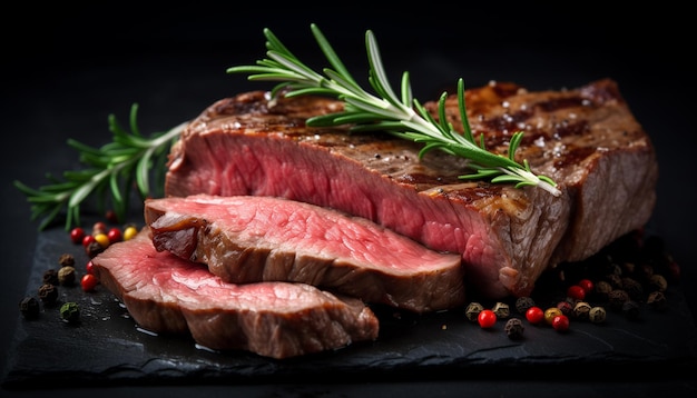 Filetes de carne grelhados com ervas e especiarias em fundo de ardósia escura