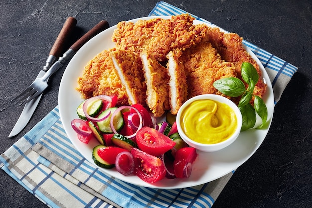 Filetes de peito de frango à milanesa com salada