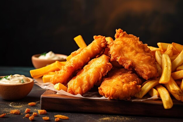 Foto filetes de peixe batido e batidas com batatas fritas douradas e molhos de mergulho