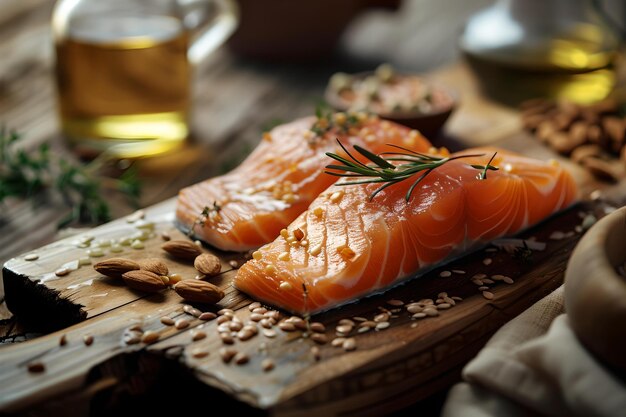 Filetes de salmão frescos em uma tábua de madeira rústica com ervas imagem perfeita para cozinha gourmet e alimentação saudável com uma aparência natural AI