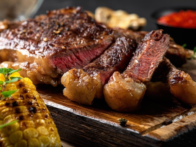 Filetes fritos con especias en rodajas con hierbas en una tabla de madera salsa roja de maíz a la parrilla en un tazón pequeño y oscuro sobre un fondo negro Primer plano Vista lateral