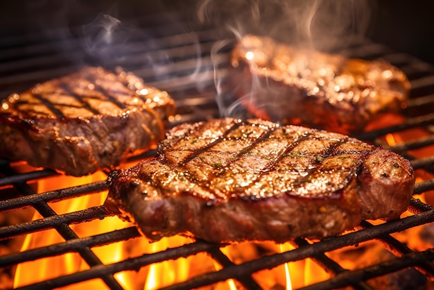 Filetes a la parrilla con llamas y humo