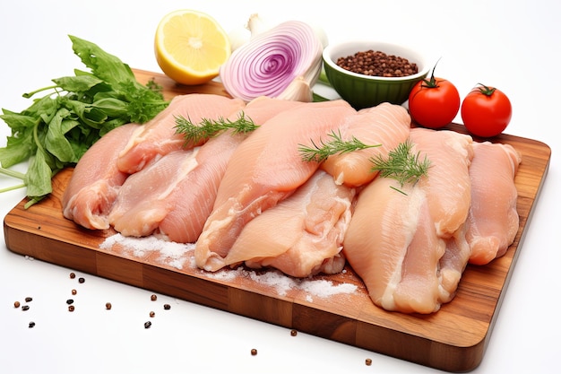 Filetes de pecho de pollo crudo en rodajas frescas con fondo de tabla de cortar de madera