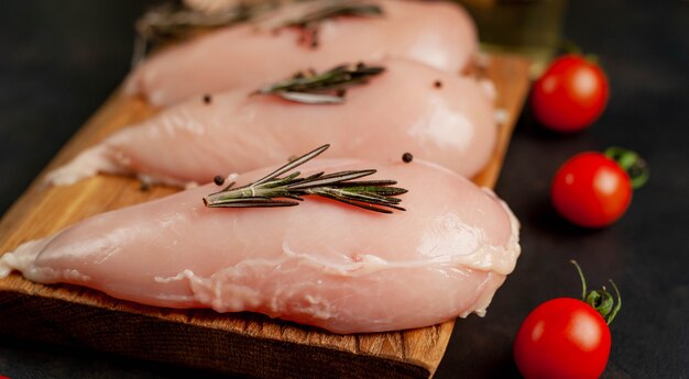 Filetes de pechuga de pollo cruda, listos para cocinar en una tabla de cortar de madera con especias.