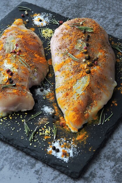 Filetes de pollo crudo con especias sobre una placa de piedra